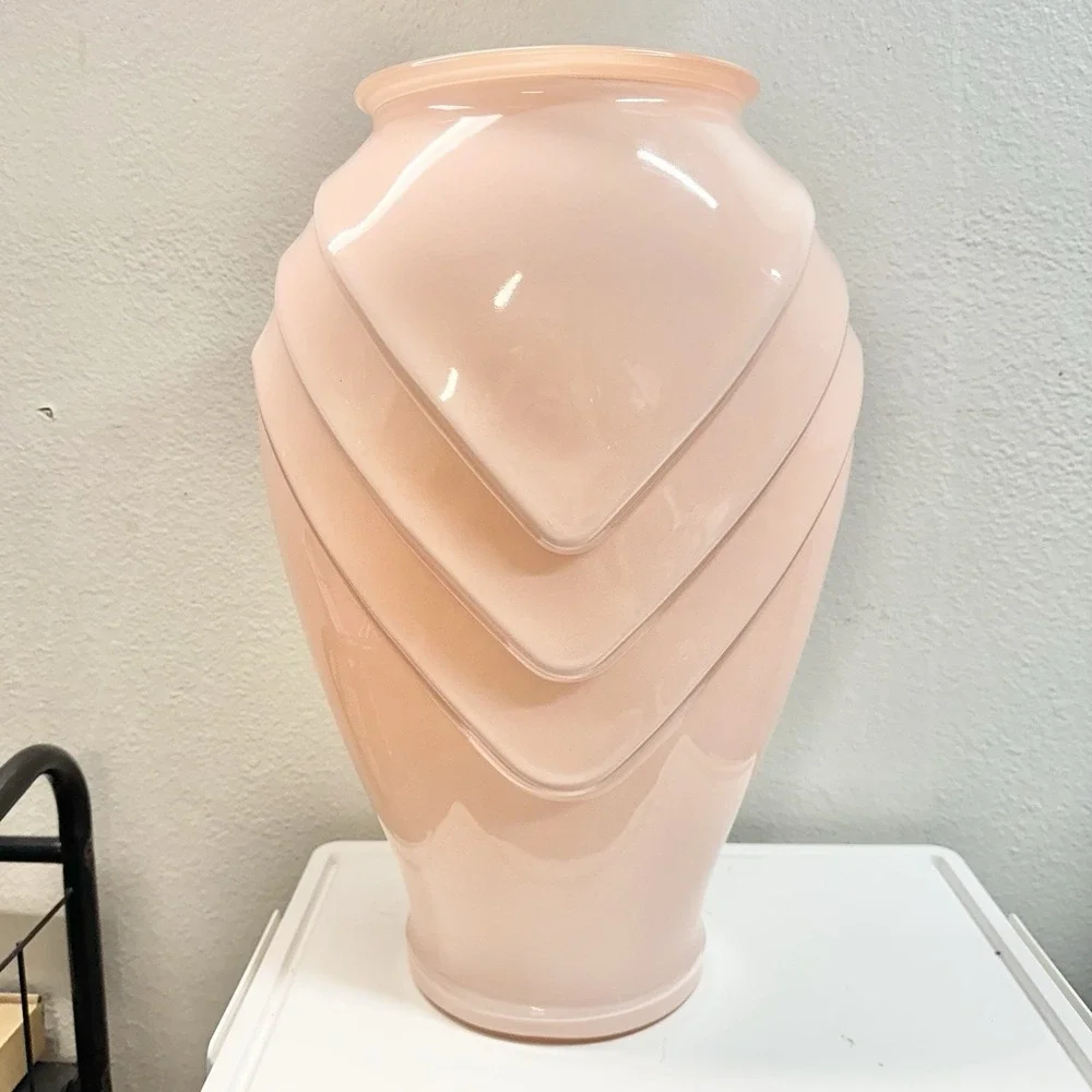 Vintage Pink Art Deco Chevron Floor‎ Vase Large Blush Cased Glass 16